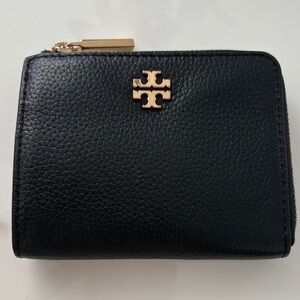 Tory Burch Black Pebbled Leather Zip-Around Card Wallet with Gold Emblem